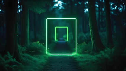 A neon green rectangular frame illuminates a dark forest path on the surrounding trees, abstract background 