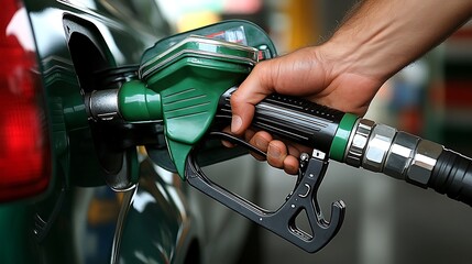 Close-up of a person refueling a vehicle at a gas station.