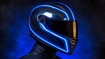 Modern motorcycle helmet with vibrant blue accent lighting.