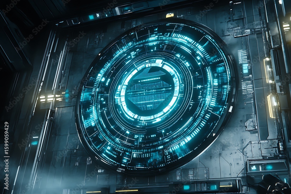 Poster futuristic portal displaying digital data with glowing blue light and detailed texture