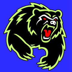 A fierce neon-outlined black bear roaring in a dynamic pose on a vibrant blue background. Generative by AI