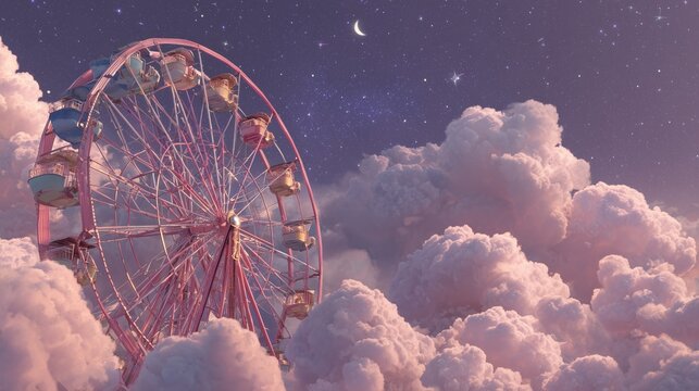 ferris wheel floating above clouds in pastel dreamlike violet sky