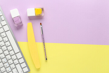 Composition with keyboard, nail polishes and tools for manicure on color background