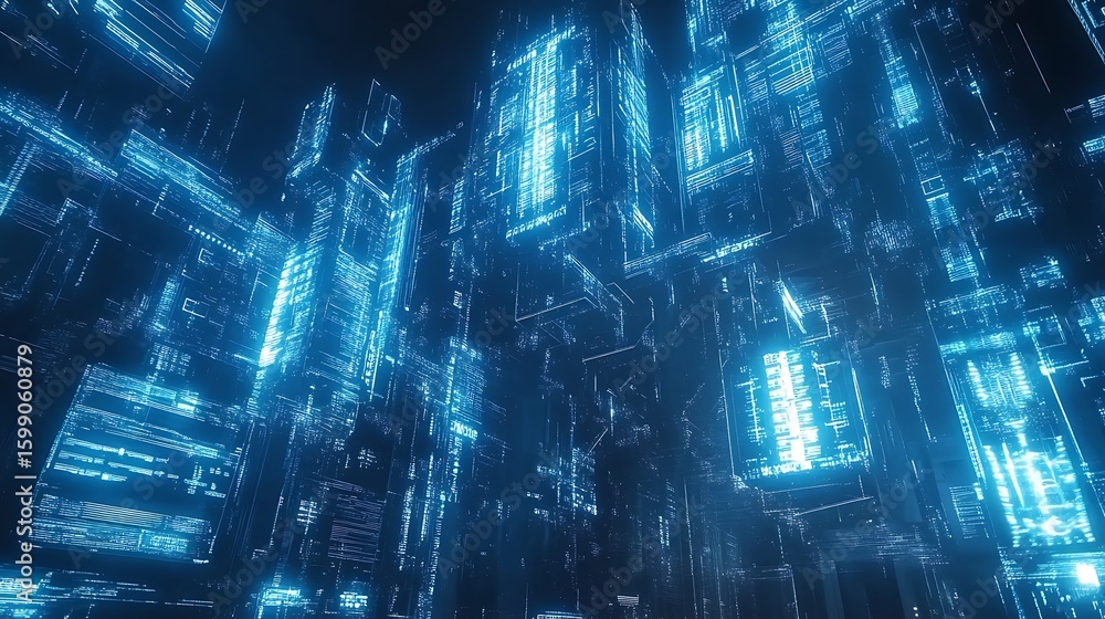 Poster exploring digital future abstract network structure glowing blue light design