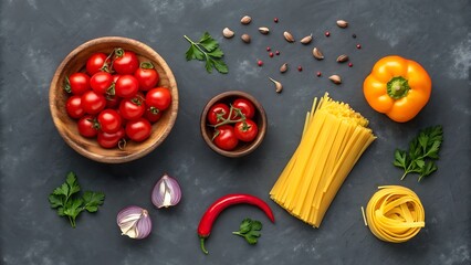 Fresh ingredients for a delicious italian pasta dish arranged artfully on a dark textured surface