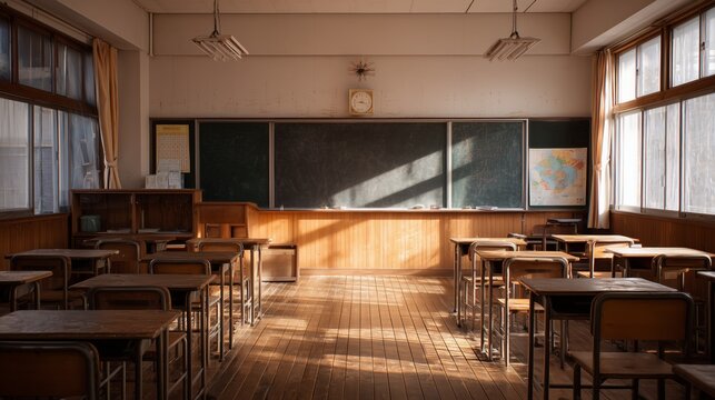 wide classroom with chalkboard and sunlight softly filtering through windows