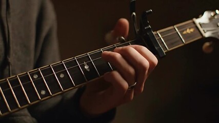 Close up shot of a hand playing an acoustic guitar with a capo attached musician fingers fretting chords on the fretboard music instrument practice session