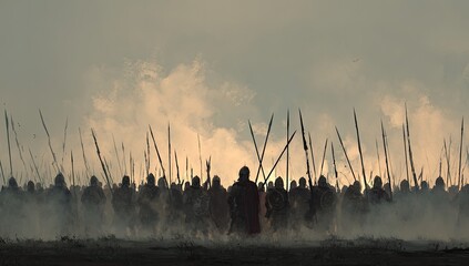 A vast army of figures with spears advances across a smoky field at dusk. Dramatic lighting