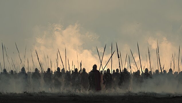 A vast army of figures with spears advances across a smoky field at dusk. Dramatic lighting