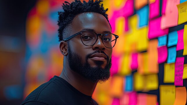 Focused african american man with glasses against wall of sticky notes in office setting - Powered by Adobe