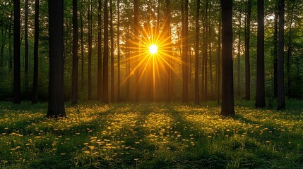 Obraz premium Sunlight streams through a forest of tall trees.