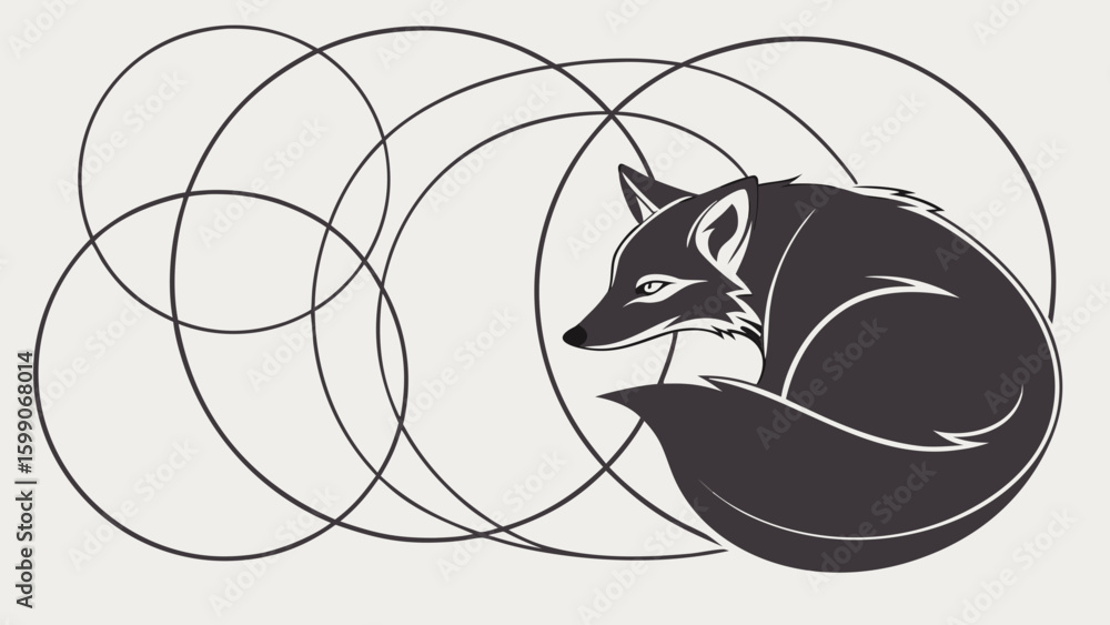 Poster stylized fox curled up with overlapping circles in the background creating a geometric pattern desig