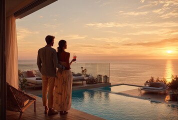 Couple watching sunset over sea from luxury villa with pool at dusk, holding drinks