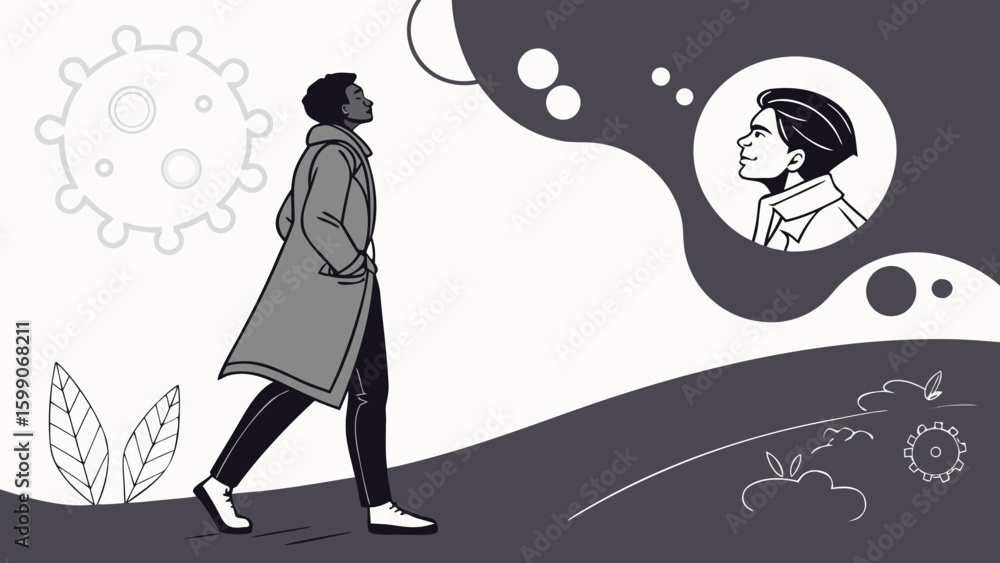Aufkleber man in coat walking and thinking about another man with virus in the background in black and white