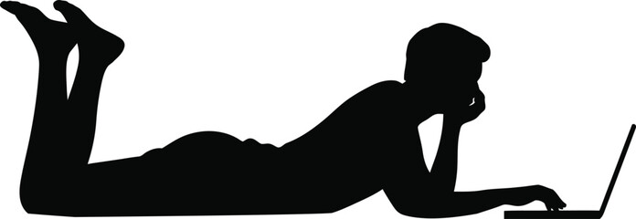 Silhouette of Person Lying Down Using Laptop with Transparent Background.