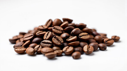 Naklejka premium A pile of roasted coffee beans isolated on a clean white background. Suitable for illustrating coffee, beverage, or food concepts in advertising, packaging, or editorial content.