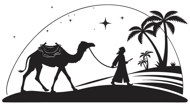 Silhouette of a man leading a camel through the desert with palm trees and stars in the background