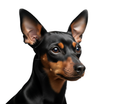 Elegant miniature pinscher dog looking right with alert expression isolated studio shot