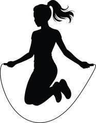 Silhouette of Woman Jumping Rope – Fitness Skipping Pose Illustration with Transparent Background.