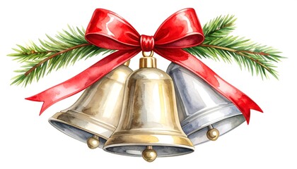 Watercolor Christmas bells with a red ribbon and pine sprigs