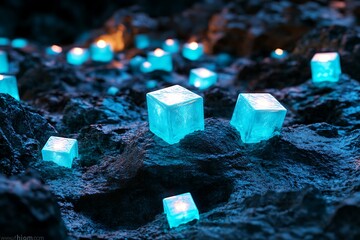 Glowing Ice Cubes on Rocky Surface Creating Magical Sci-fi Landscape