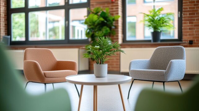 Comfortable and stylish interior design of a contemporary office space with relaxed seating options for cozy brainstorming and collaborative meetings