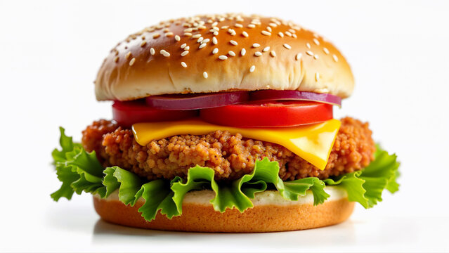 Isolated crispy chicken burger with lettuce, tomato, onion, cheese, and sesame seed bun on a white background. Suitable for fast food menus, restaurant promotions, and food delivery advertisements.