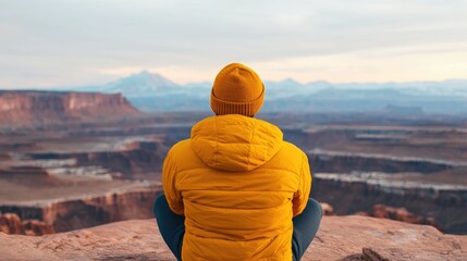 Lone traveler stands in awe gazing out over the vast rugged desert landscape from a scenic overlook high above the canyon below