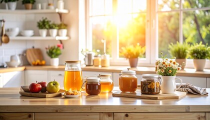 Sunny Kitchen with Honey, Apples, and Flowers