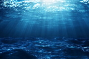 Sun Rays Shining Through Dark Blue Sea Water Underwater Scene