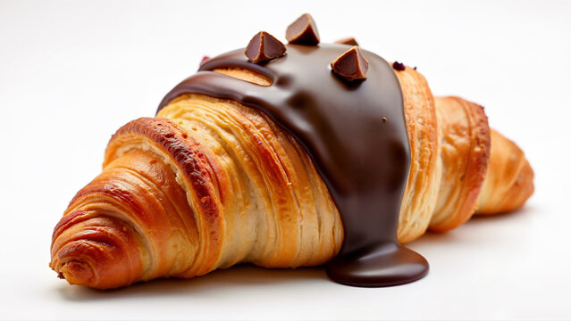 Croissant isolated on a white background, decorated with melted chocolate and chocolate pieces. Suitable for bakery menus, food blogs, and advertising related to breakfast or dessert products.