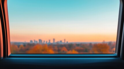Blurred cityscape skyline visible through the car window during an urban road trip at dusk or dawn with city buildings and skyscrapers silhouetted against the colorful sky