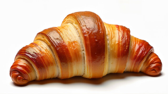 Golden brown crispy croissant isolated on a white background. Suitable for bakery menus, food blogs, and advertising related to breakfast or pastry products.