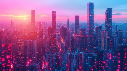 Fototapeta premium Vibrant Cityscape at Sunset: A Breathtaking Aerial View of a Modern Metropolis