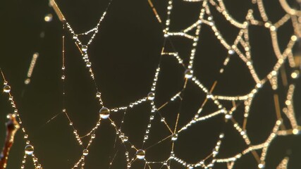 Close-up view of a spider web glistening with water droplets, illuminated by sunlight. - Powered by Adobe