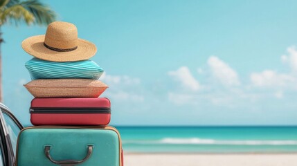 Colorful suitcase and beach equipment stacked neatly next to a parked car ready for a sun soaked tropical vacation getaway