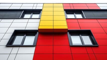 Geometric Facade: A vibrant interplay of colors and architectural design, showcasing a building's modern aesthetic with bold red, yellow, and white panels, accented by sleek windows.
