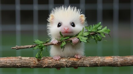 Adorable Albino Hedgehog Holding a Twig with Green Leaves