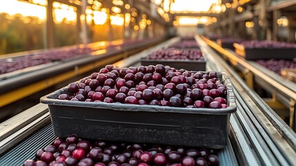 Cherries on a conveyor belt in a processing facility.