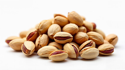 A pile of roasted pistachio nuts in shells isolated on a white background. Suitable for food packaging, healthy snack promotion, and nutrition-related content.