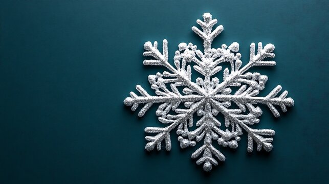 Detailed silver snowflake ornament on a teal background.