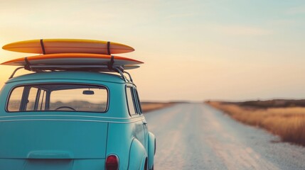 Fototapeta premium Vintage Surf Adventure Retro Surfboards Atop Retro Car Embarking on a Scenic Road Trip Through a Picturesque Landscape During a Beautiful Sunset