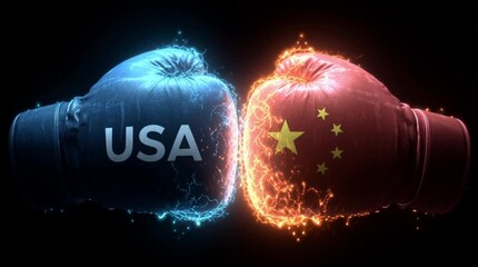 China vs USA boxing gloves conflict animated , China vs United states tensions economy conflict concept boxing gloves. Business war concept. Trade and global business impact - Powered by Adobe