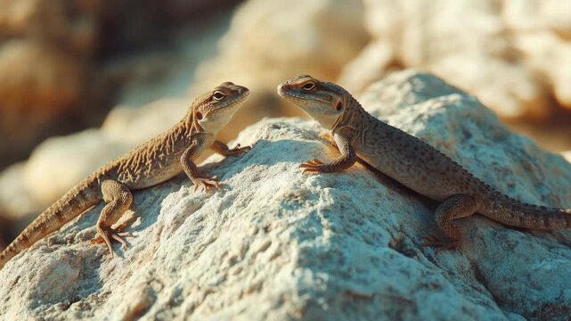 This image features two lizards interacting with each other on a rocky terrain, typical of arid landscapes.