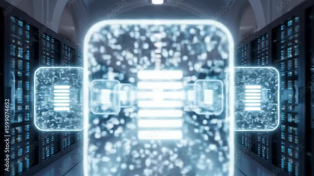 Aufkleber data center server room with abstract digital data flow and cloud technology concept.