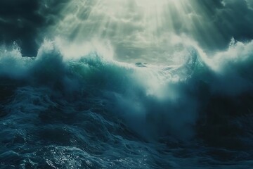 Ocean Wave Crashing Under Dramatic Sky with Sun Rays Shining Through