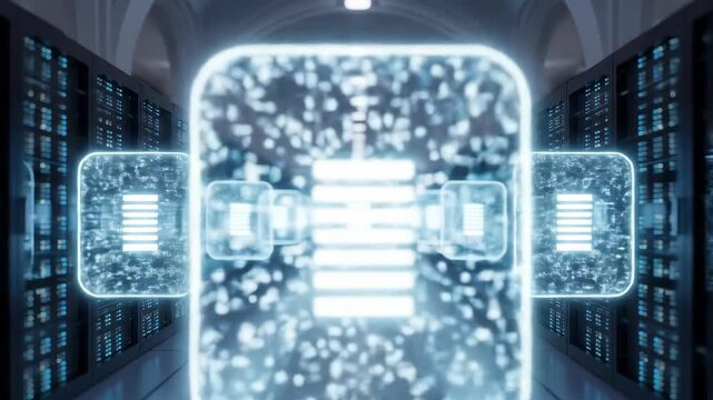 Data center server room with abstract digital data flow and cloud technology concept. - Powered by Adobe