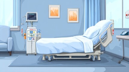 Hospital room scene with a bed, medical equipment, and window with light