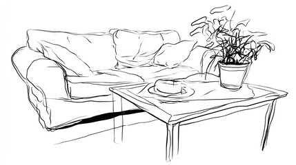 Sketch of a couch and side table with plant