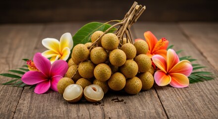 Fresh Longan Fruits with Vibrant Tropical Flowers on Rustic Wooden Background